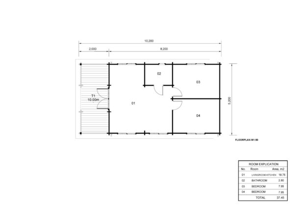 Log Cabin Paul (44+44 mm), 42 m² + 10 m² Terrace