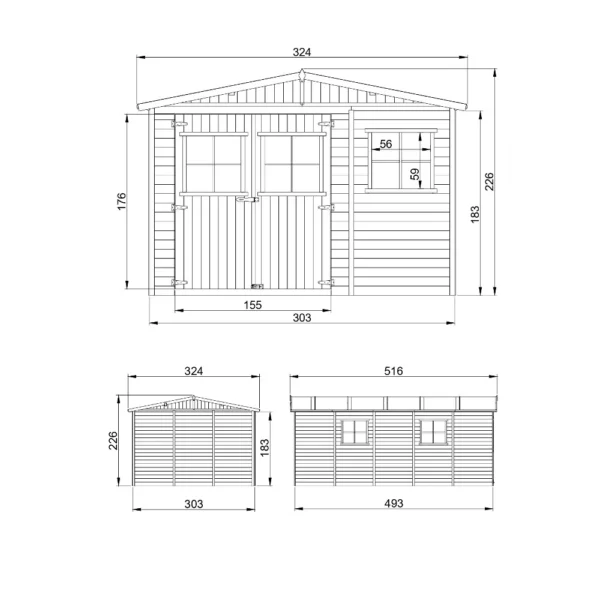 Garden shed in wood with floor SH592 – 303 x 493 cm – 15 m2