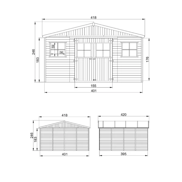 Garden shed in wood with floor SH590- 401 x 395 cm – 16 m2
